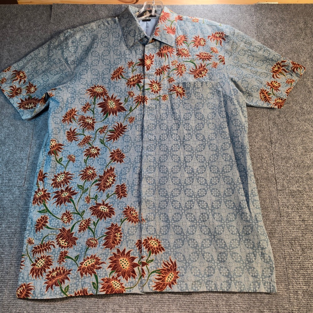 Batik Semar Shirt Mens Large Blue Brown Floral Cotton Button Up Good Condition